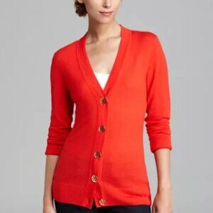 Tory Burch Lightweight Wool Cardigan Size L Dark Orange Gold Buttons
